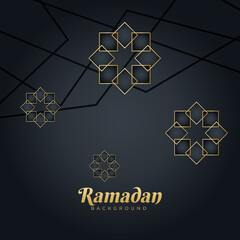 Islamic ramadan kareem greeting card. Black gold ramadan holiday invitation template with mosque star moon crescent and gold Arabic pattern. Vector illustration.