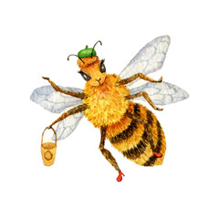Cute bee with honey, hand drawn watercolor illustration isolated on white background. Image for postcard, poster, children's book, nature design.