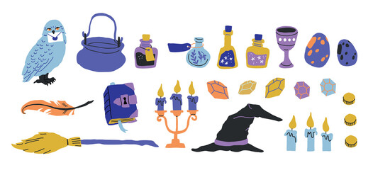 Cartoon magic items crystal globe, potion bottle, owl, witch hat, burning candle and wand, spell book and cauldron. Elements for computer game, isolated wiz stuff, Vector illustration, icons set - 493671637