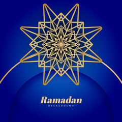 Islamic ramadan kareem greeting card. Biru gold ramadan holiday invitation template with mosque star moon crescent and gold Arabic pattern. Vector illustration.