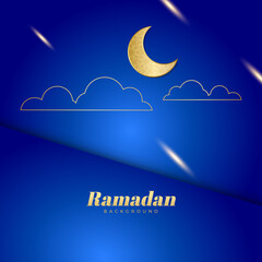 Islamic ramadan kareem greeting card. Biru gold ramadan holiday invitation template with mosque star moon crescent and gold Arabic pattern. Vector illustration.