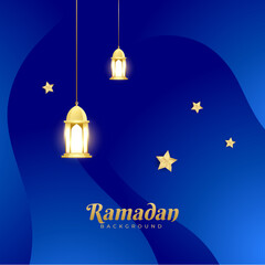 Islamic ramadan kareem greeting card. Biru gold ramadan holiday invitation template with mosque star moon crescent and gold Arabic pattern. Vector illustration.