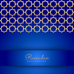 Islamic ramadan kareem greeting card. Biru gold ramadan holiday invitation template with mosque star moon crescent and gold Arabic pattern. Vector illustration.