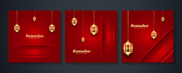 Islamic ramadan kareem greeting card. Red gold ramadan holiday invitation template with mosque star moon crescent and gold Arabic pattern. Vector illustration.