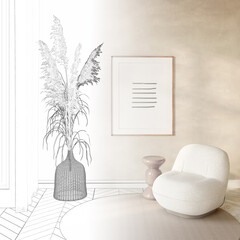 A sketch becomes a real modern sunny room with a vertical poster on a beige wall next to pampas grass in a wicker basket, a beige coffee table next to a white armchair, a rug on a floor. 3d render