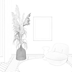 A sketch of the modern room with a vertical poster on the wall next to the pampas grass in a wicker basket, a coffee table next to a modern armchair, a round rug on a parquet floor. 3d render