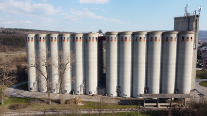aerial view of large concrete silos for storing wheat and corn