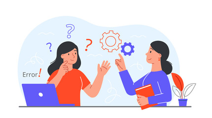 Concept of mentoring. Boss teaches subordinate how to use laptop or computer. Modern technologies and error correction in program, help and support, education. Cartoon flat vector illustration