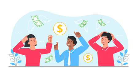 Man and woman with finance. Characters look at rain of money. Financial literacy, entrepreneurs and businessmen evaluate losses. Talented investors with banknotes. Cartoon flat vector illustration