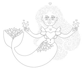 Coloring page with the little mermaid. Cartoon fantasy creature. Cute line art design for nursery poster, print, kids apparel. Vector illustration. Isolated.