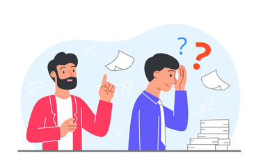 Fototapeta na wymiar Concept of confused. Employee does not listen to advice from colleague. Difficulties and overloaded character. Emotional burnout and paperwork fatigue, tired person. Cartoon flat vector illustration