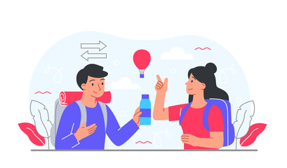 Active couple traveling. Young man and girl with backpacks in nature. Travel, hike and adventure. Lifestyle and vacation. Characters in nature, help and support. Cartoon flat vector illustration