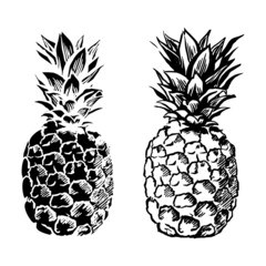 Pineapples silhouettes of an exotic fruit. Fresh vitamins.Black and white illustration pineapple for print .