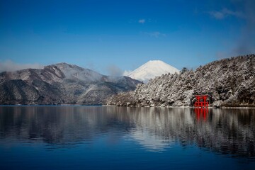 Winter Atmosphere of Mount Fuji and Lake Ashi from Hakone, Kanagawa Prefecture Popular tourist...