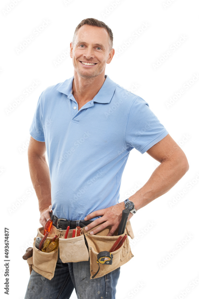 Poster The man for any job. Studio shot of a man looking up at copyspace isolated on white.