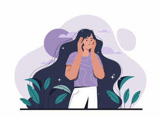 Psychological depression concept. Girl holds face with hands. Suffering and sadness, character trying to understand himself. Internal problems and mental health. Cartoon flat vector illustration