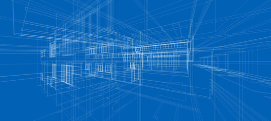 Smart building automation system digital intelligent technology abstract background architecture 3d wireframe blue background