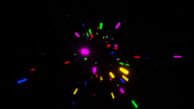 Random Abstract Multicolored Neon Tube Or Sticks Lights Fly Towards The Camera On Black Background. 3d Loop Motion Graphic