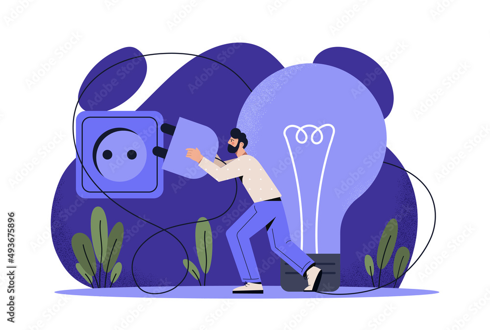 Poster man with light bulb. guy inserts electric plug into socket. metaphor of idea and creativity. brainst