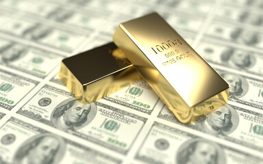 Dollars and Gold bars 3D rendering