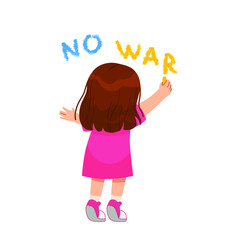 little kid girl writing on the wall No war. Vector illustration on a white background. Pray for peace in Ukraine. Support for Ukraine
