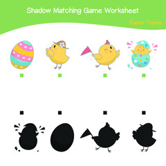 Easter matching shadow game. Matching shadow worksheet. Educational printable worksheet. Colourful printable. Motoric movement. Vector illustration.
