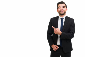 Excited lawyer pointing to copyspace