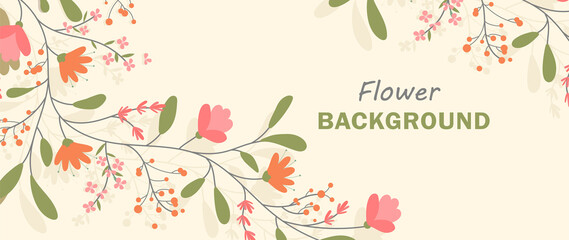 Organic flower banner. Colorful poster with blooming plants, branches, leaves and copy space. Design element for backgrounds and social networks. Beautiful cover. Cartoon flat vector illustration