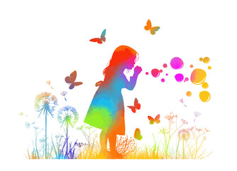 Silhouette of a colorful girl blowing soap bubbles. Vector illustration