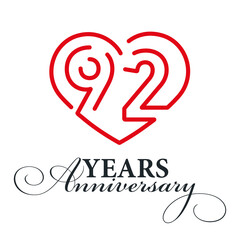 92 years anniversary celebration number thirty bounded by a loving heart red modern love line design logo icon white background