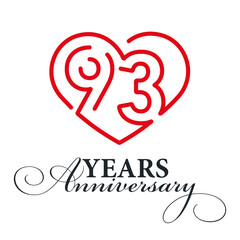 93 years anniversary celebration number thirty bounded by a loving heart red modern love line design logo icon white background