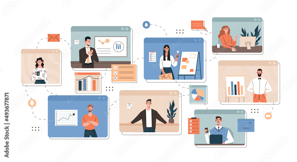 Poster team communication and project management concept. workflow and organization of work between employe