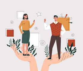 Employees care concept. Leader big hands hold employees and help them achieve success or goals. Support of professionals, insurance of coworkers and wellbeing. Cartoon flat vector illustration