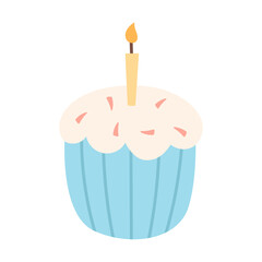Vector illustration of a sweet cupcake or muffin with icing and a candle.