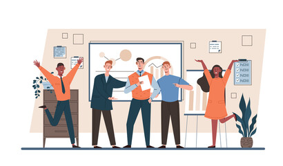 People congratulating colleague concept. Men, women and boss applaud best employee and encourage his achievements and successes. Professional development and skills. Cartoon flat vector illustration
