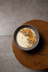 Delicious semolina pudding ( porridge ) with halva and lemon jam