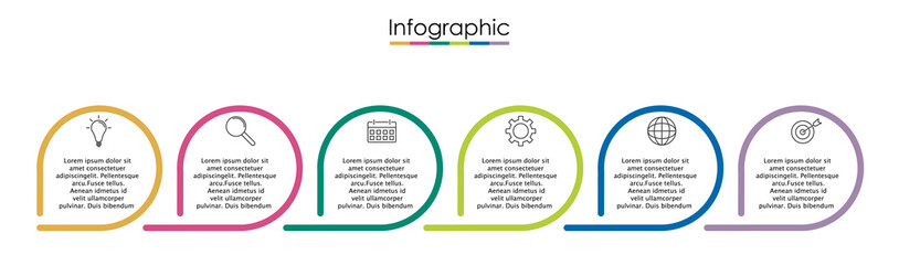 Vector infographic template with six steps or options. Illustration presentation with thin line elements icons.  Business concept graphic design can be used for web, paper brochure, diagram, chart 