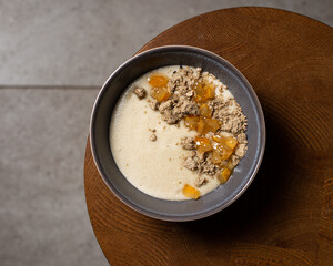 Delicious semolina pudding ( porridge ) with halva and lemon jam