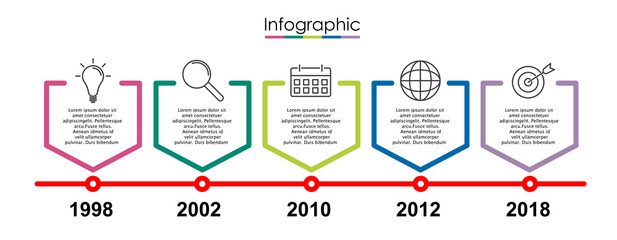 Vector infographic template with five steps or options. Illustration presentation with thin line elements icons.  Business concept graphic design can be used for web, paper brochure, diagram, chart 