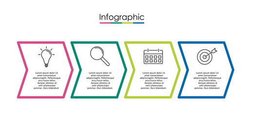 Vector infographic template with four steps or options. Illustration presentation with line elements icons.  Business concept design can be used for web, brochure, diagram, chart or banner layout.