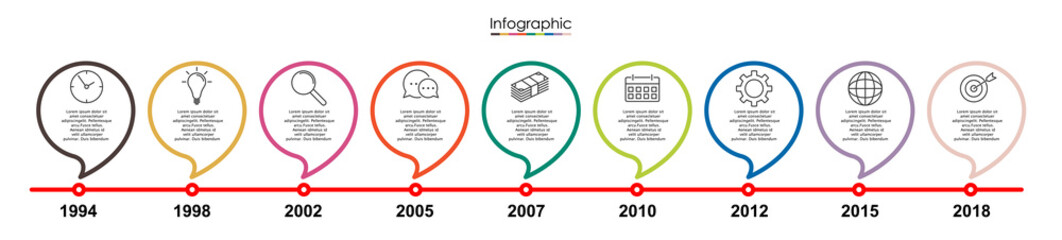 Vector infographic template with nine steps or options. Illustration presentation with line elements icons.  Business concept design can be used for web, brochure, diagram, chart or banner layout.