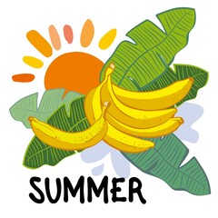 Bananas, tropical fruits, juice, splashes on an abstract background.