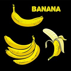 Peeled banana, a set of fruits with a peel isolated on a black background.