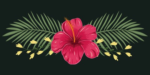 Fototapeta na wymiar Tropical design element with flower hibiscus and leaves palm. Vector on a black background