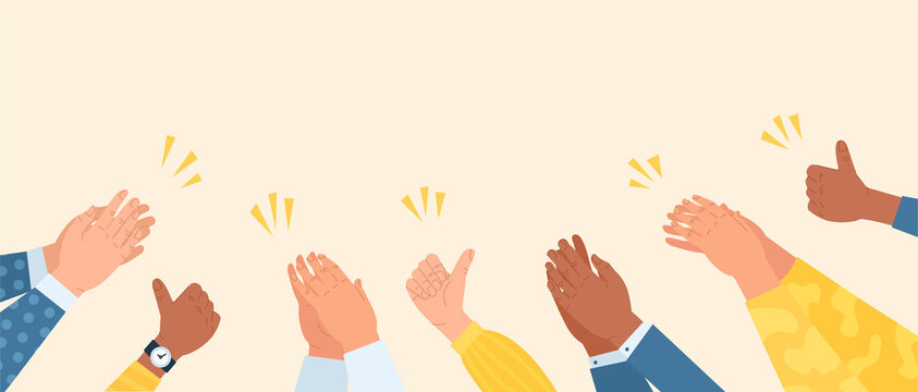 Human hands clapping concept. Team of employees applauds, congratulates on achieving success and encourages with thumbs up. Team cheering and ovation. Cartoon contemporary flat vector illustration