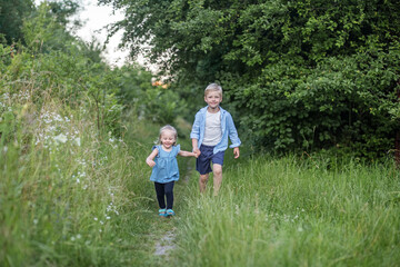 Naklejka na ściany i meble Little children, brother and sister walk and play in nature. Summer clothes. Summer and holidays.