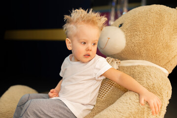 portrait of a stylish blond boy on a teddy bear