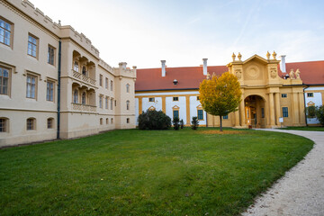 Fototapeta na wymiar Green gardens in Lednice castle Chateau yard in Moravia, Czech Republic. UNESCO World Heritage Site.