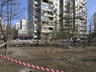 Darnytskyi district, Kyiv city, Ukraine, March 19, 2022. Russian war in Ukraine. A piece of a...