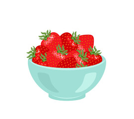 Strawberry in blue bowl isolated on white. Vector flat icon of fresh red berries.